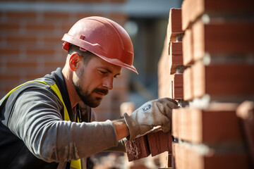 A skilled construction worker is meticulously placing red bricks to form a wall as part of a new residential building project - obrazy, fototapety, plakaty