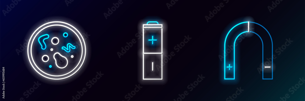 Wall mural Set line Magnet, Bacteria and Battery icon. Glowing neon. Vector