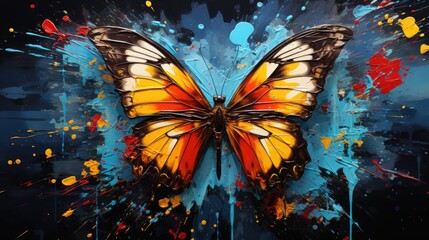 A painting of a butterfly on a black background. Imaginary AI picture.