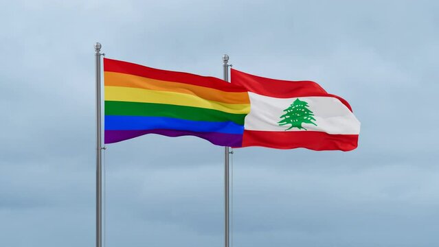 Lebanon flag and LGBT movement also Gay Pride flag waving together on cloudy sky, endless seamless loop, two country relations concept