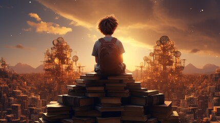3D rendering of Back to school! Happy cute industrious child flying on the pencil on background of sunset sky.