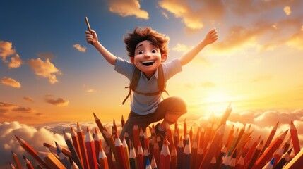 3D rendering of Back to school! Happy cute industrious child flying on the pencil on background of sunset sky.