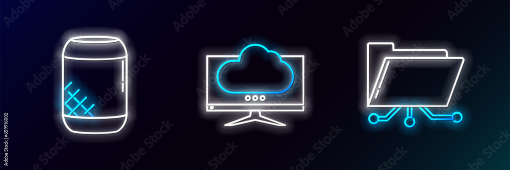 Poster set line folder and lock, voice assistant and computer monitor screen icon. glowing neon. vector
