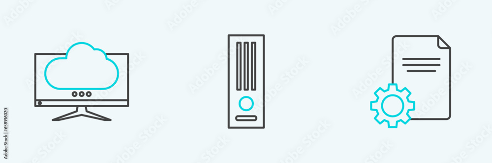 Poster set line file document, computer monitor screen and video game console icon. vector