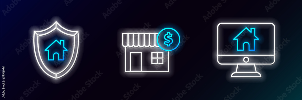 Poster set line computer monitor with smart home, house shield and dollar symbol icon. glowing neon. vector