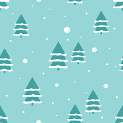 Christmas seamless pattern with pine tree and snowflakes on green mint background vector.