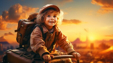 3D rendering of Dreams of travel! Child flying on a suitcase against the backdrop of sunset. - obrazy, fototapety, plakaty