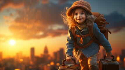 3D rendering of Dreams of travel! Child flying on a suitcase against the backdrop of sunset. - obrazy, fototapety, plakaty
