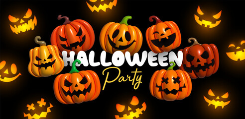 Happy Halloween. Horizontal banner for website and social networks. Inflatable 3d pumpkins, emotions on his face scary smile. Creative poster, party flyer design, brochure. Vector illustration