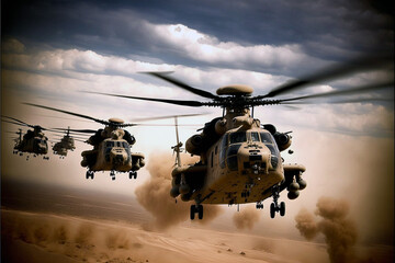Modern military helicopters, modern weapons for air warfare. War.
