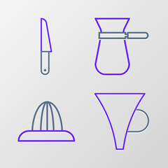 Set line Funnel or filter, Citrus fruit juicer, Coffee turk and Knife icon. Vector