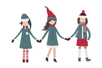 Cute three cartoon gnome girls holding hands. Christmas dwarf woman, leprechaun, elf