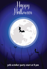 Halloween Banner with Orange Pumpkin and Cauldron. Vector Flat Illustration. Full Moon Night in Spooky Forest. Place for text
