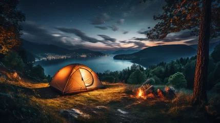 Foto op Canvas A camping tent in a nature hiking spot, Relaxing during a Hike in mountains, next to lake river © sirisakboakaew