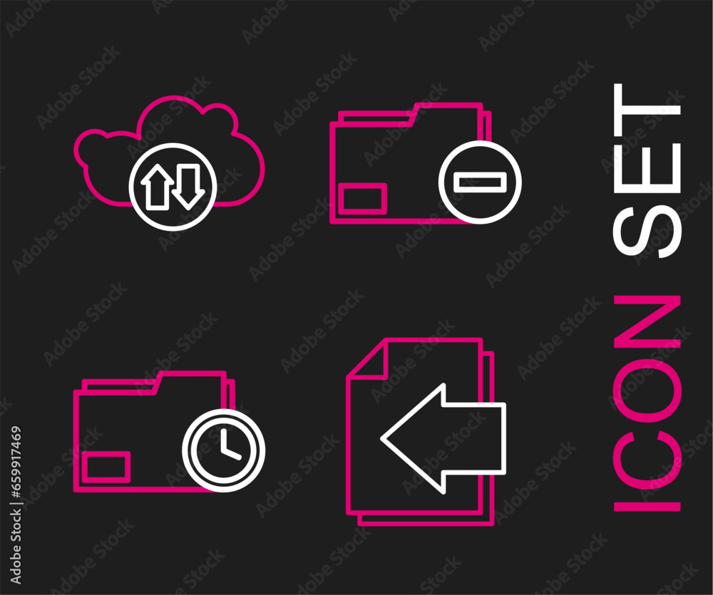 Poster set line next page arrow, document folder with clock, minus and cloud download and upload icon. vect