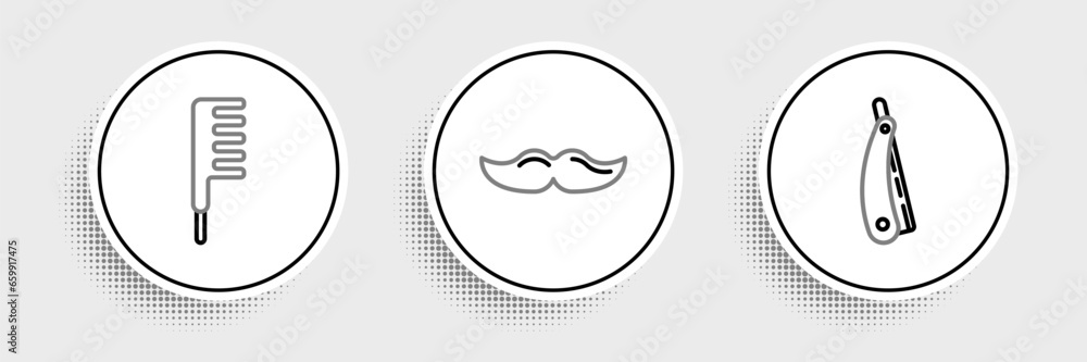 Wall mural Set line Straight razor, Hairbrush and Mustache icon. Vector