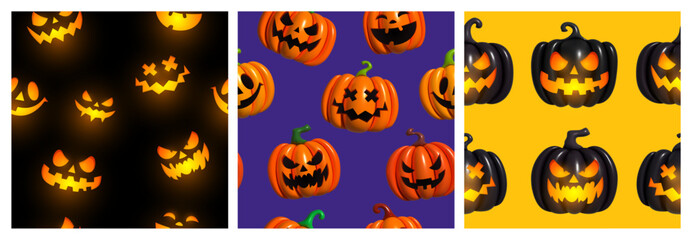 Pumpkin emotions pattern. Halloween pattern. Inflatable pumpkin for holiday. Collection of 3d objects. Vector illustration