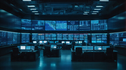 Security room with computers, stock market data and stock exchange data. CCTV cameras in surveillance room. Cybersecurity concept. 