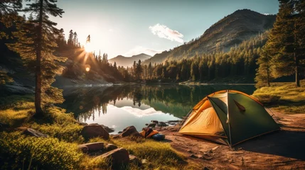 Fotobehang A camping tent in a nature hiking spot, Relaxing during a Hike in mountains, next to lake river © sirisakboakaew