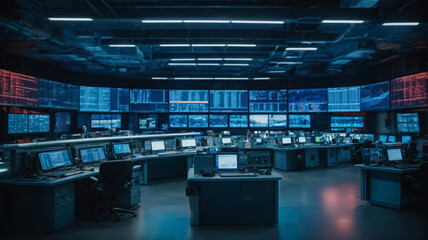 Security room with computers, stock market data and stock exchange data. CCTV cameras in surveillance room. Cybersecurity concept. 