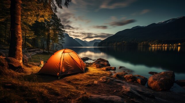 A camping tent in a nature hiking spot, Relaxing during a Hike in mountains, next to lake river