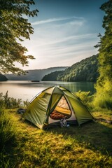 A camping tent in a nature hiking spot, Relaxing during a Hike in mountains, next to lake river - obrazy, fototapety, plakaty