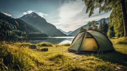 Obraz premium A camping tent in a nature hiking spot, Relaxing during a Hike in mountains, next to lake river