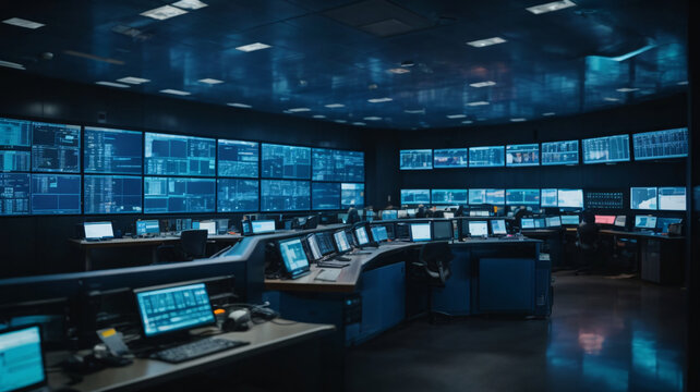 Security room with computers, stock market data and stock exchange data. CCTV cameras in surveillance room. Cybersecurity concept. 