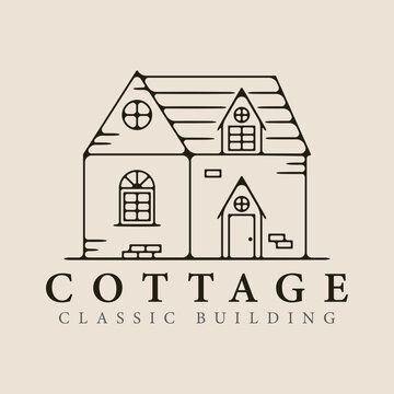 cottage line art logo vector illustration template design.