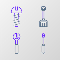 Set line Screwdriver, Adjustable wrench, Snow shovel and Metallic screw icon. Vector