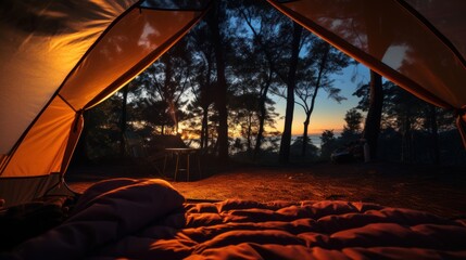 A camping tent in a nature hiking spot (view from inside the tent