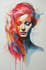 A painting of a woman with colorful hair. Imaginary AI picture.