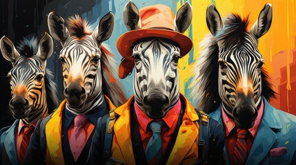A group of zebras wearing suits and hats. Imaginary AI picture. - obrazy, fototapety, plakaty