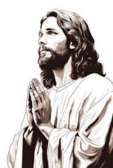 A black and white drawing of jesus praying. Imaginary illustration.