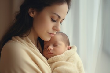 Fototapeta na wymiar A mother cradling her newborn in her arms