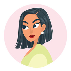 short hair and green shirt model beautiful modern character black hairstyle art joyful business element skin red lips