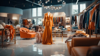 Fashion clothes in a trendy luxury boutique - obrazy, fototapety, plakaty