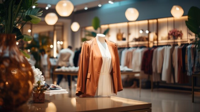 Fashion clothes in a trendy luxury boutique