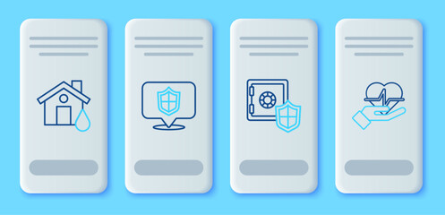 Set line Location shield, Safe with, House flood and Life insurance in hand icon. Vector