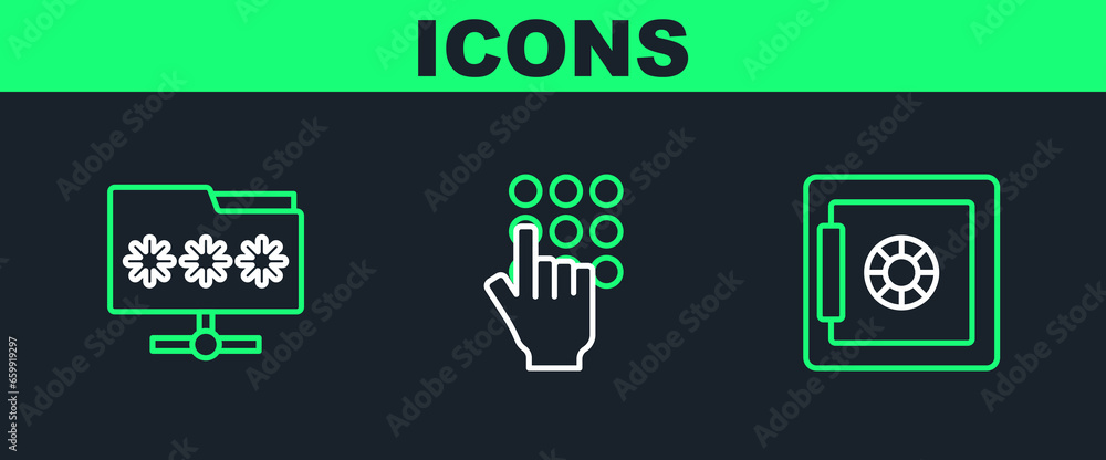 Poster set line safe, folder with password and password protection icon. vector