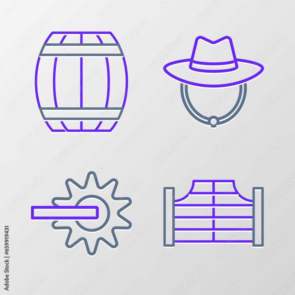 Poster Set line Saloon door, Spur, Western cowboy hat and Gun powder barrel icon. Vector