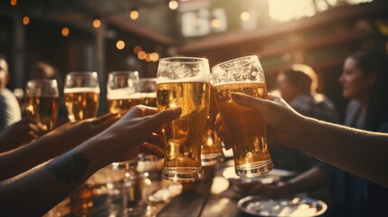 Hands of group of unrecognisable people toasting with beer bottles at outdoor party - obrazy, fototapety, plakaty