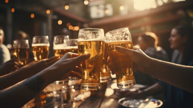 Hands of group of unrecognisable people toasting with beer bottles at outdoor party