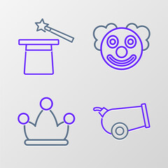 Set line Cannon, Jester hat with bells, Clown head and Magic and wand icon. Vector