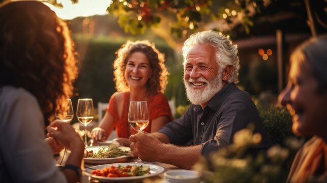 Happy senior male and female friends drinking wine during a backyard dinner party.