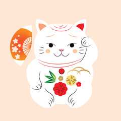 Awesome maneki-neko cat   for prints  Modern cute japanese template design with lucky charms - Maneki Neko Vector flat trendy illustration