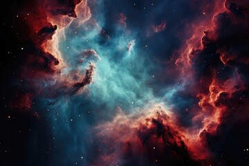 Obraz na płótnie Canvas An abstract background image featuring a serene nebula, with a delicate light blue cloud, surrounded by thick red clouds, evoking a sense of cosmic tranquility. Photorealistic illustration