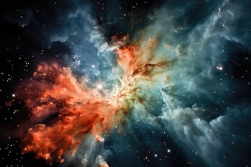 Fototapeta na wymiar An abstract background image featuring a nebula with surrounding clouds seemingly converging towards a brilliant star, evoking a sense of cosmic wonder. Photorealistic illustration