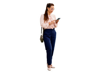 A female student learning smiles using the phone chat application. An office employee in a shirt....