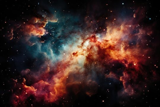 An abstract background image showcasing a nebula with a massive cloud illuminated in vibrant red and orange hues, with a brilliant light source emanating from behind. Photorealistic illustration